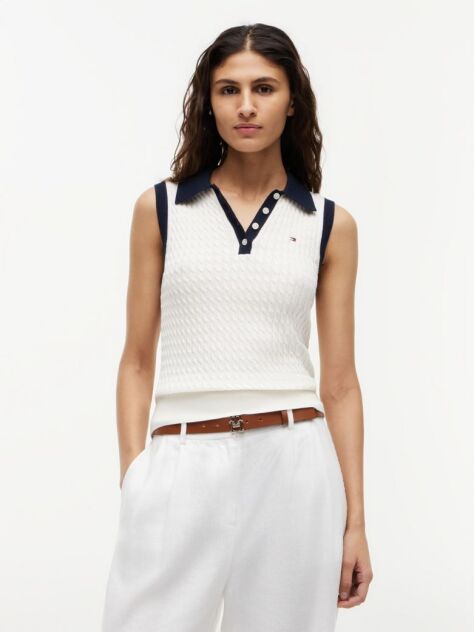 Bej Pulover Polo Fara Maneci Cu Croiala Slim Tricotat Cable  Femei