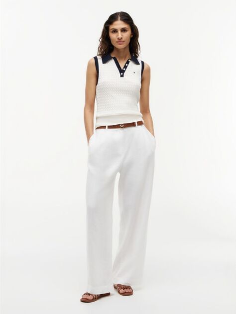 Bej Pulover Polo Fara Maneci Cu Croiala Slim Tricotat Cable  Femei