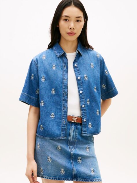 Blue Camasa Din Denim Cu Maneci Scurte Croiala Relaxata Si Broderie  Femei