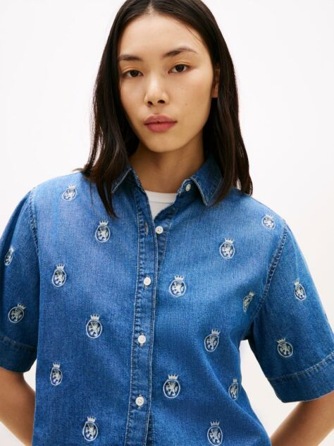 Blue Camasa Din Denim Cu Maneci Scurte Croiala Relaxata Si Broderie  Femei