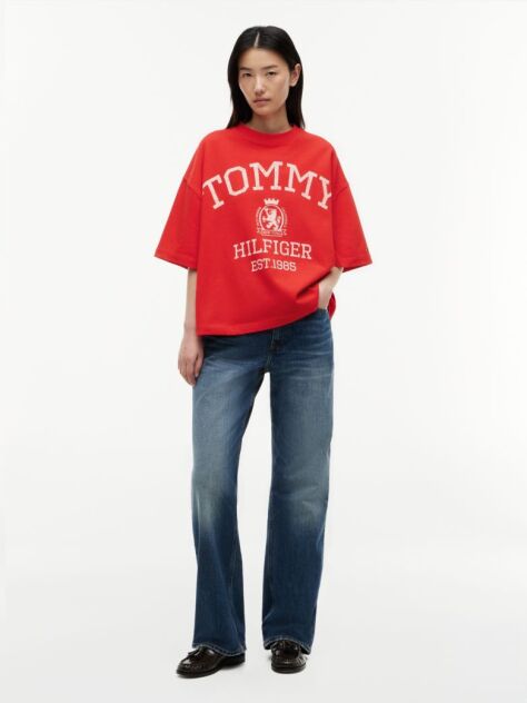Rosu Tricou Oversized Crest Cu Croiala Lejera  Femei