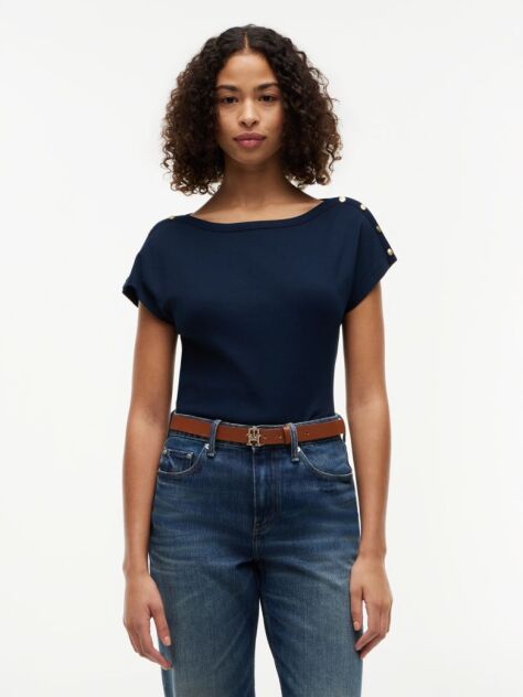 Blue Tricou Cu Guler Boat Si Nasturi Aurii  Femei