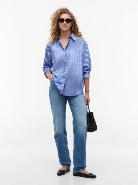 Multi Camasa Din Poplin Cu Croiala Oversized Dungi Si Tiv Shirttail  Femei