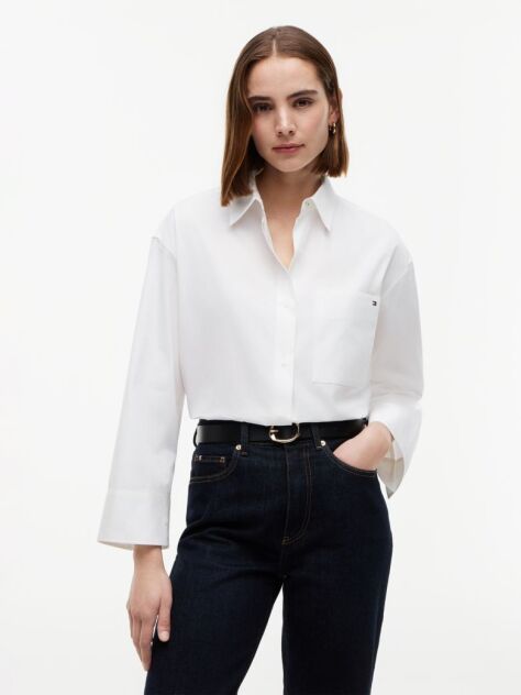 Alb Camasa Din Poplin Cu Broderie In Forma De Steag Si Croiala Larga  Femei
