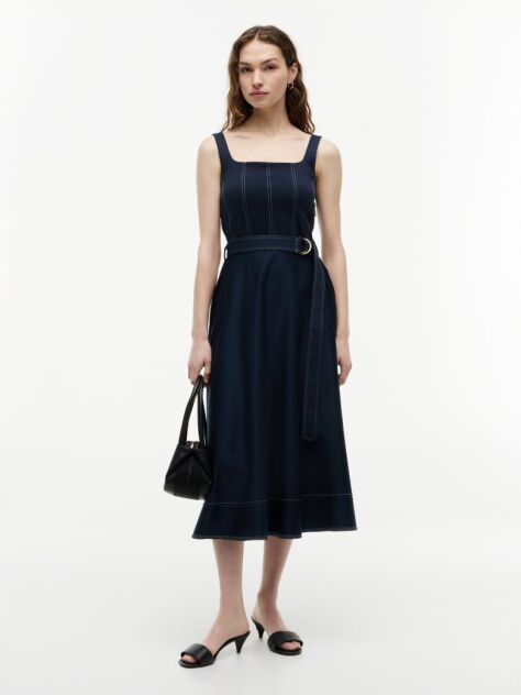 Blue Rochie Midi Cu Guler Patrat Cusaturi Decorative Si Curea  Femei