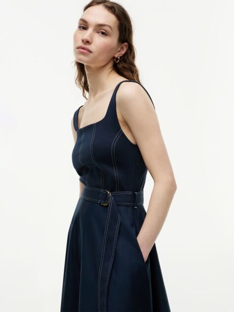 Blue Rochie Midi Cu Guler Patrat Cusaturi Decorative Si Curea  Femei