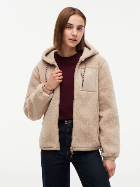 Bej Jacketa Cu Gluga Din Fleece Teddy Cu Croiala Lejera Si Fermoar  Femei