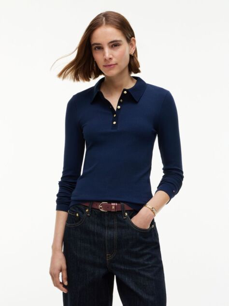 Blue Slim Fit Ribbed Long Sleeve Polo Shirt  Women