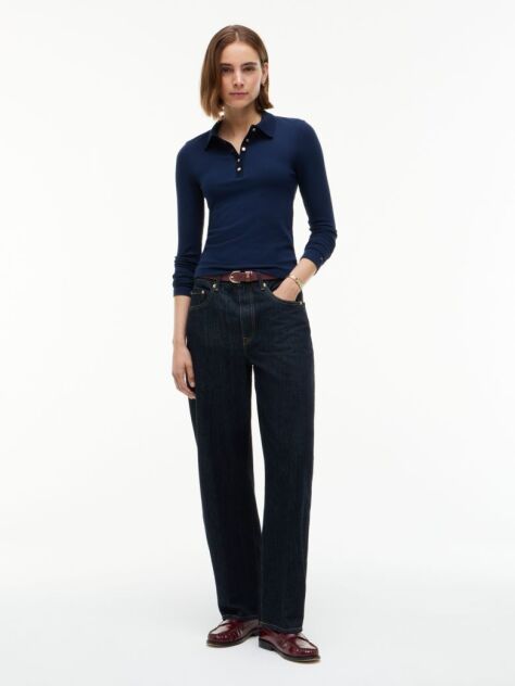 Blue Slim Fit Ribbed Long Sleeve Polo Shirt  Women