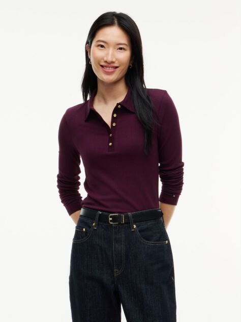Rosu Polo Ribbed Cu Maneci Lungi Si Croiala Slim  Femei