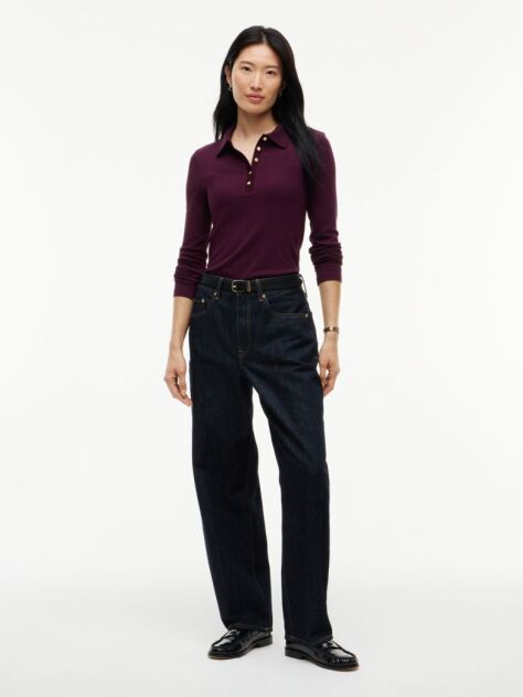 Rosu Polo Ribbed Cu Maneci Lungi Si Croiala Slim  Femei