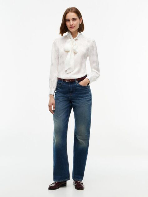 Beige Regular Fit Tie Neck Jacquard Shirt  Women