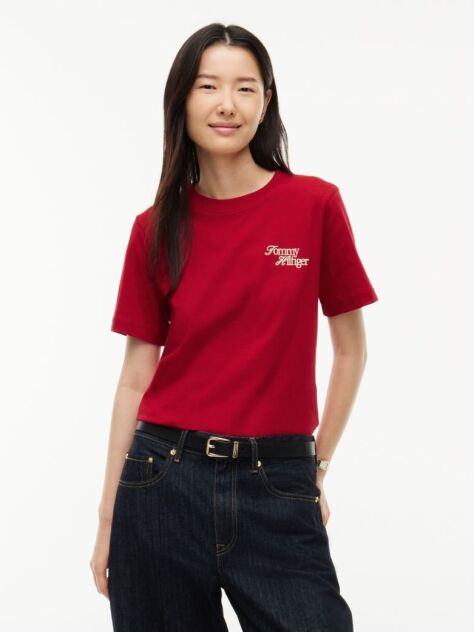 Rosu T-Shirt Din Jerseu Cu Logo Si Guler Rotund  Femei