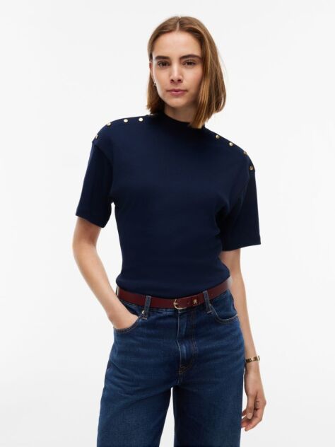 Blue T-Shirt Cu Guler Rotund Si Nasturi Aurii  Femei