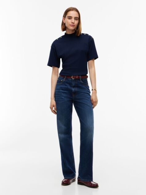 Blue T-Shirt Cu Guler Rotund Si Nasturi Aurii  Femei