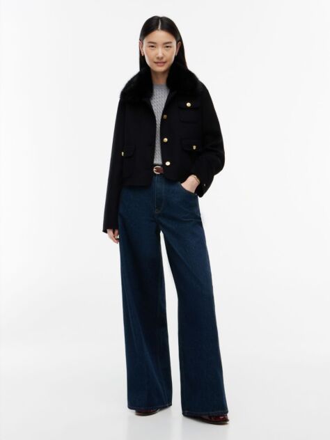 Black Faux Fur Collar Wool Blend Jacket  Women