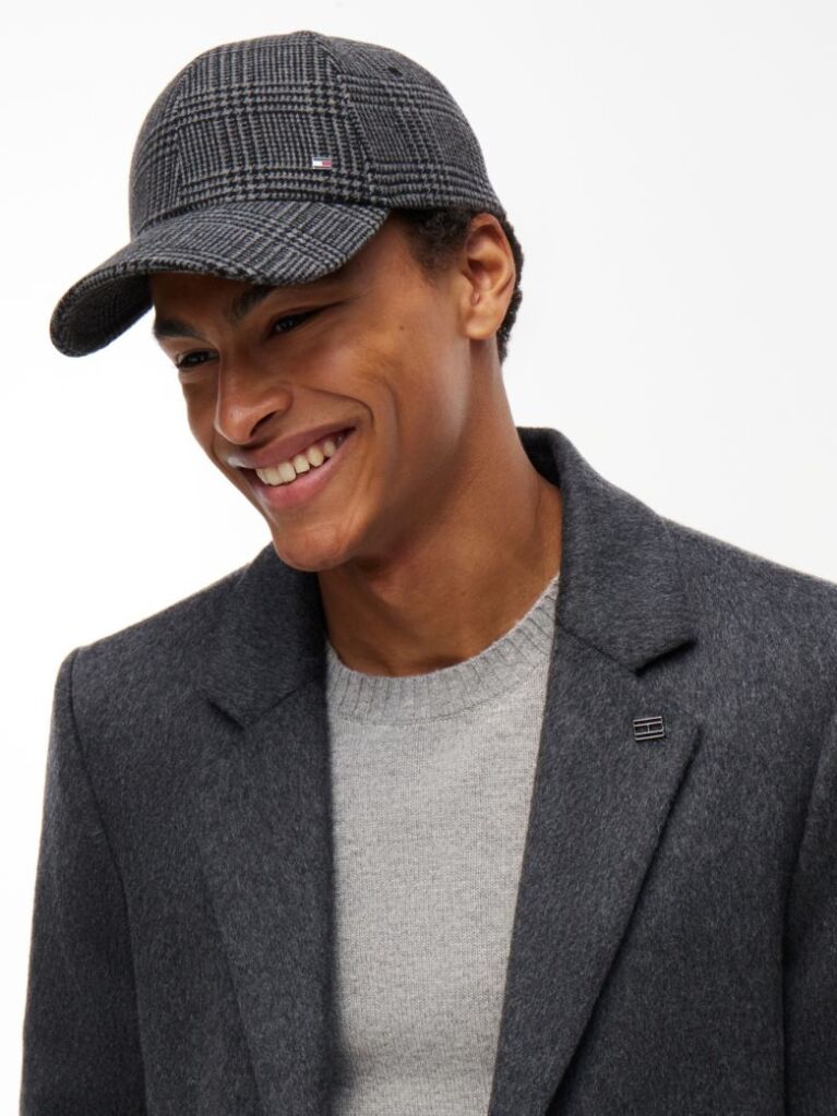 Grey Check Wool Blend Baseball Cap  Men