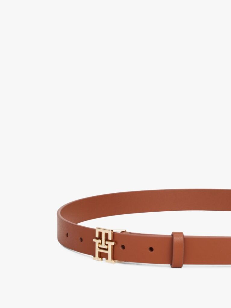 Brown Modern TH Monogram Buckle Leather Belt  Women