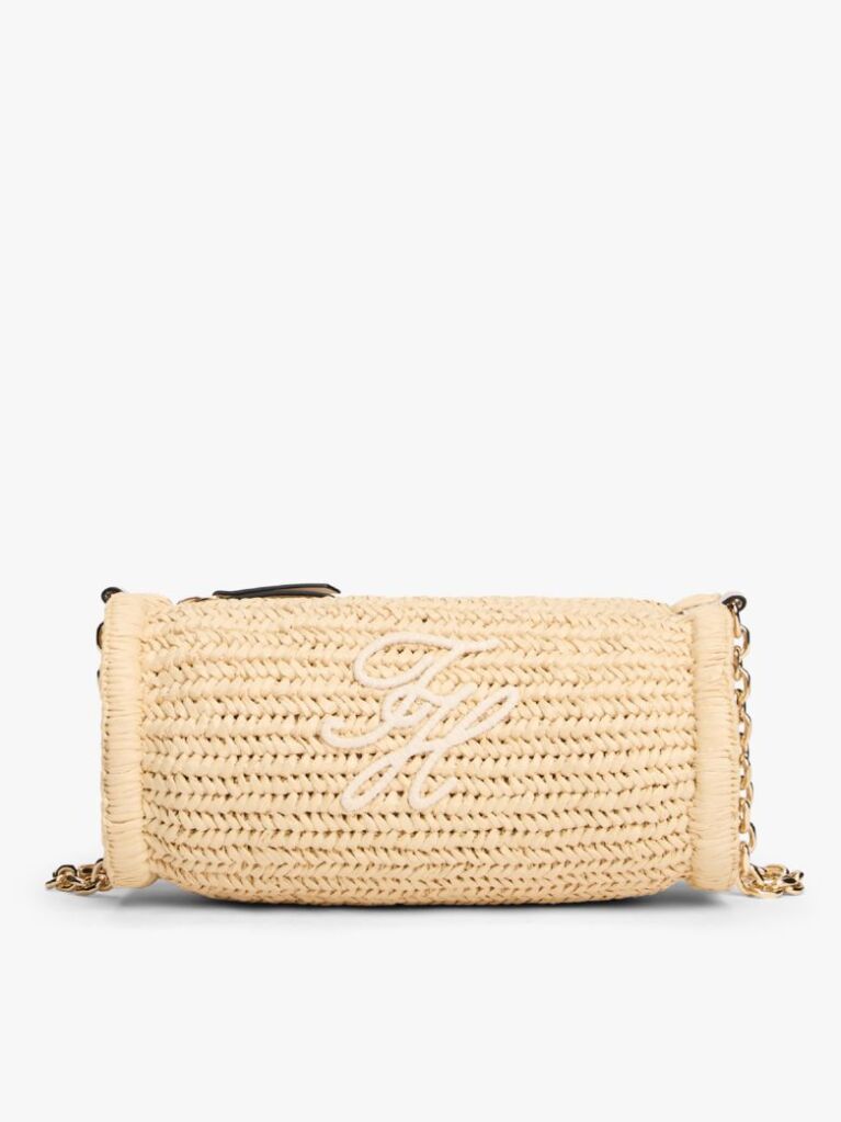 Beige Logo Embroidery Raffia Shoulder Bag  Women