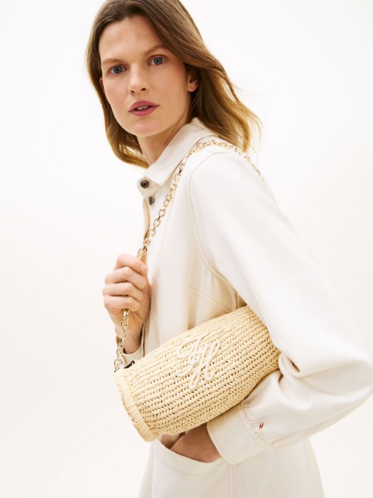 Beige Logo Embroidery Raffia Shoulder Bag  Women
