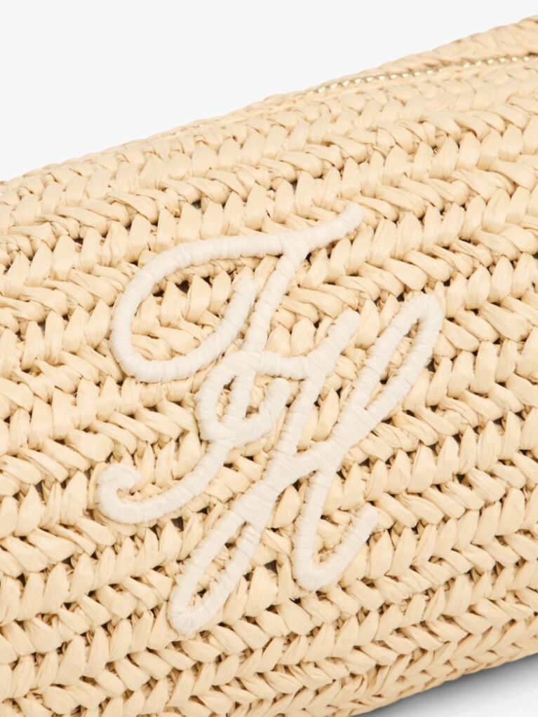 Beige Logo Embroidery Raffia Shoulder Bag  Women