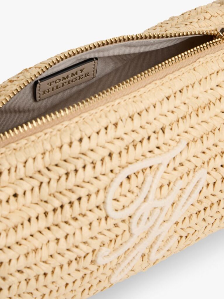 Beige Logo Embroidery Raffia Shoulder Bag  Women