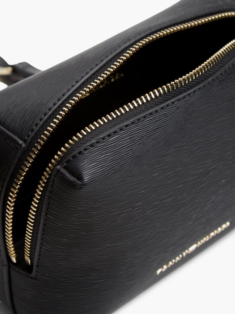 Black Modern Metallic Logo Textured Camera Bag  Women