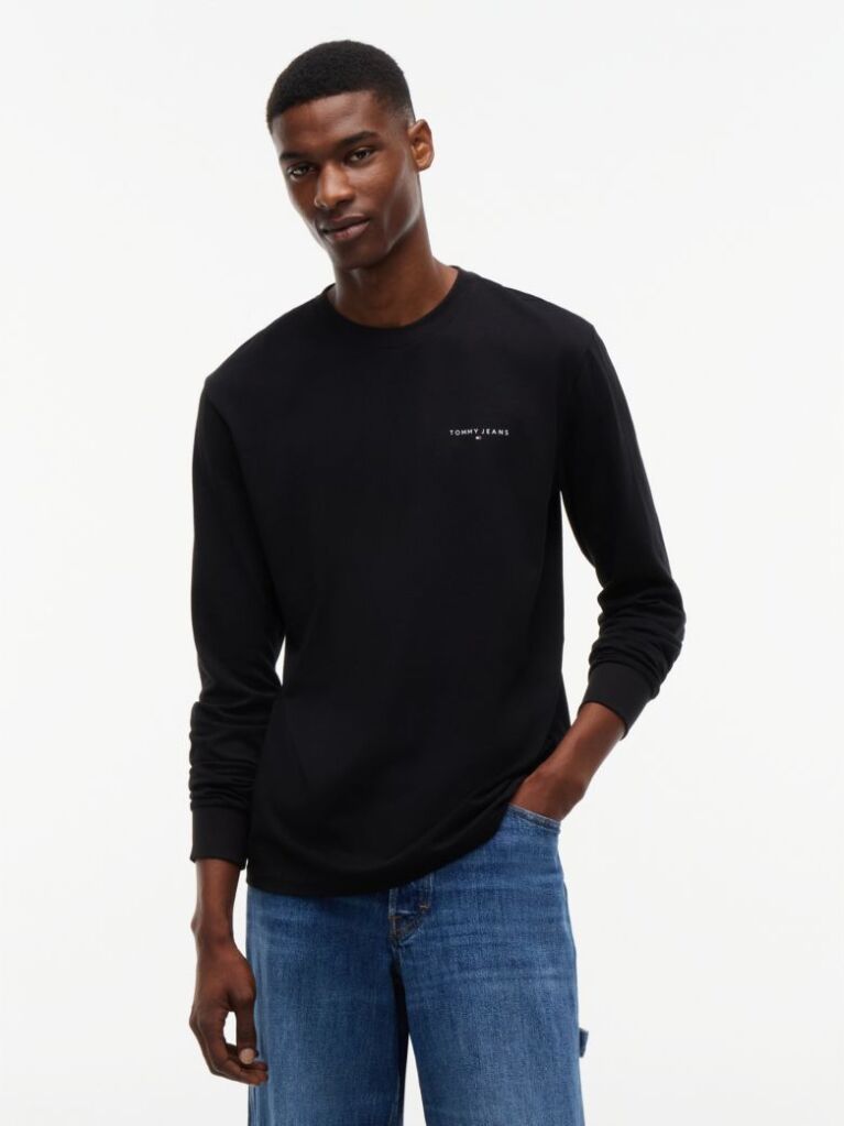 Negru Tricou Slim Cu Maneca Lunga Si Logo Liniar  Barbati