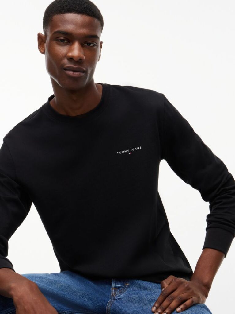 Negru Tricou Slim Cu Maneca Lunga Si Logo Liniar  Barbati