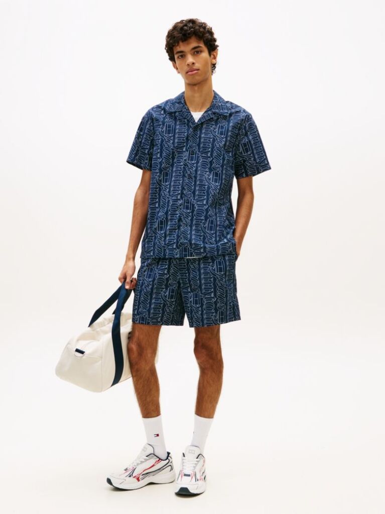 Blue Pantaloni Scurti Relaxed Din Poplin Imprimati  Barbati
