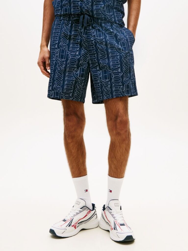 Blue Pantaloni Scurti Relaxed Din Poplin Imprimati  Barbati