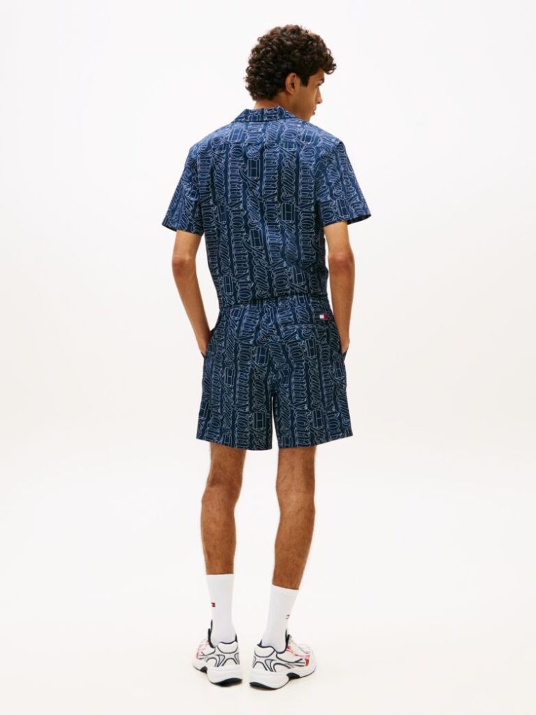 Blue Pantaloni Scurti Relaxed Din Poplin Imprimati  Barbati