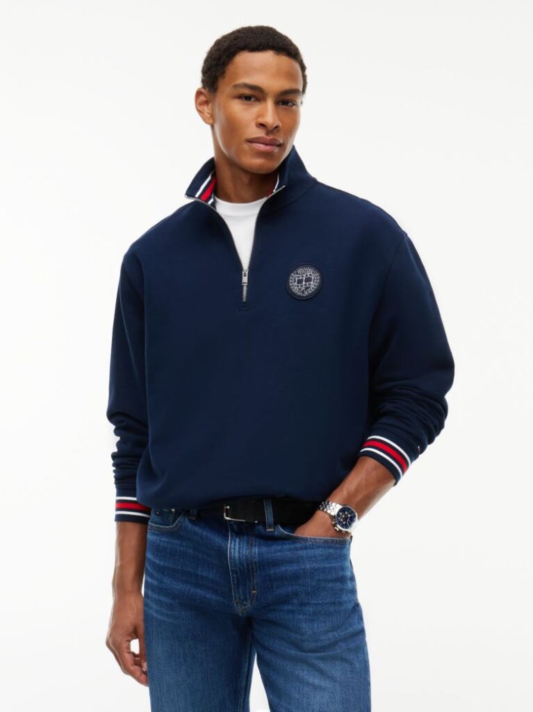 Blue Pulover Din Terry Cu Croiala Lejera Fermoar Si Steag  Barbati