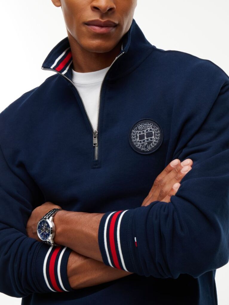 Blue Pulover Din Terry Cu Croiala Lejera Fermoar Si Steag  Barbati