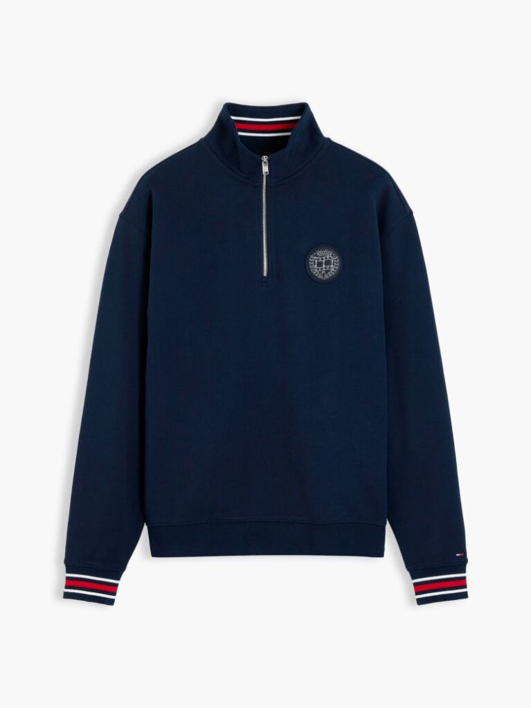 Blue Pulover Din Terry Cu Croiala Lejera Fermoar Si Steag  Barbati