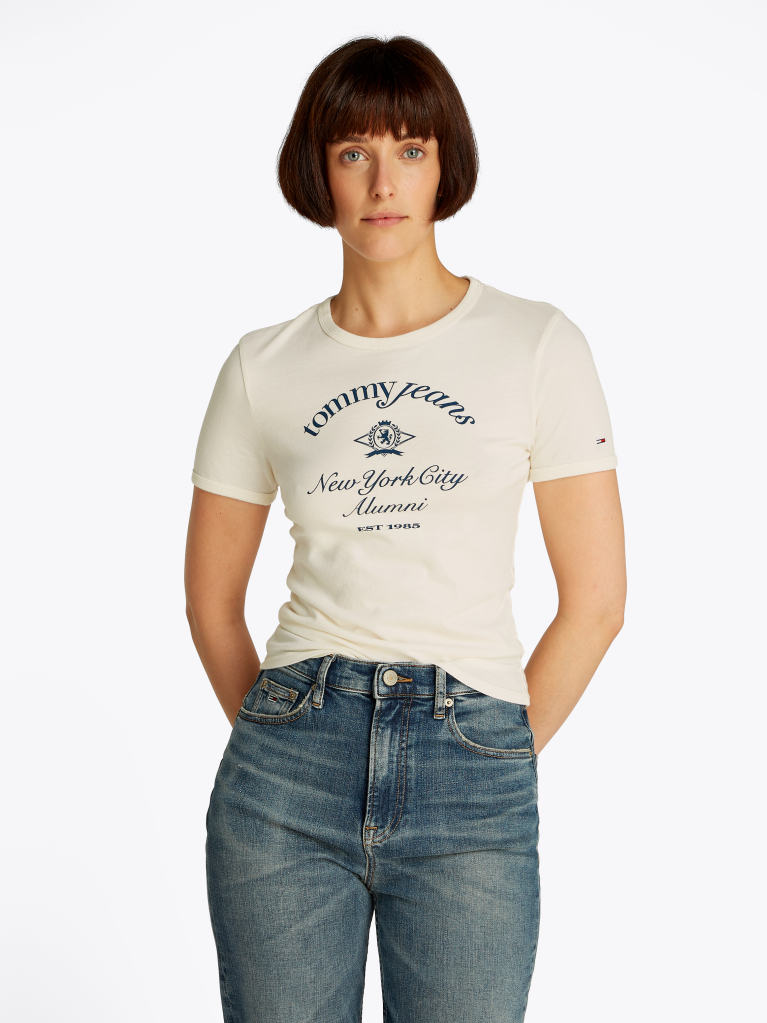 Alb Tricou Cu Croiala Slim Si Logo NYC  Femei