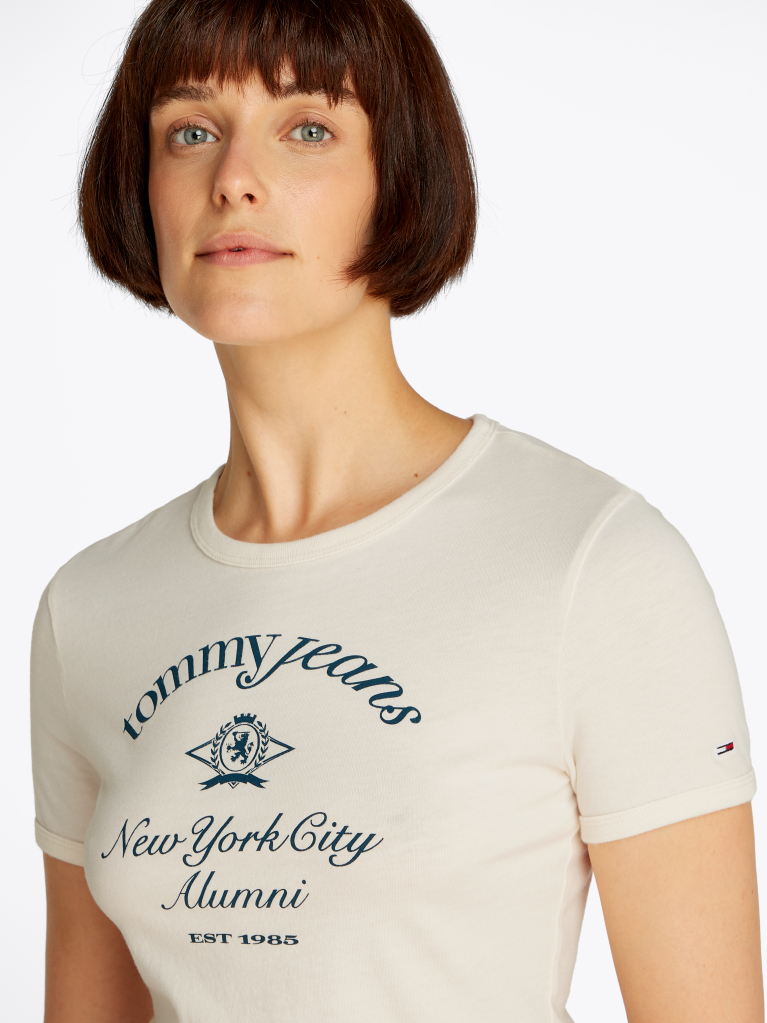 Alb Tricou Cu Croiala Slim Si Logo NYC  Femei