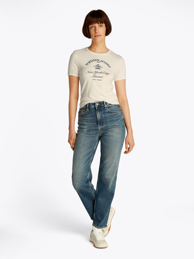 Alb Tricou Cu Croiala Slim Si Logo NYC  Femei