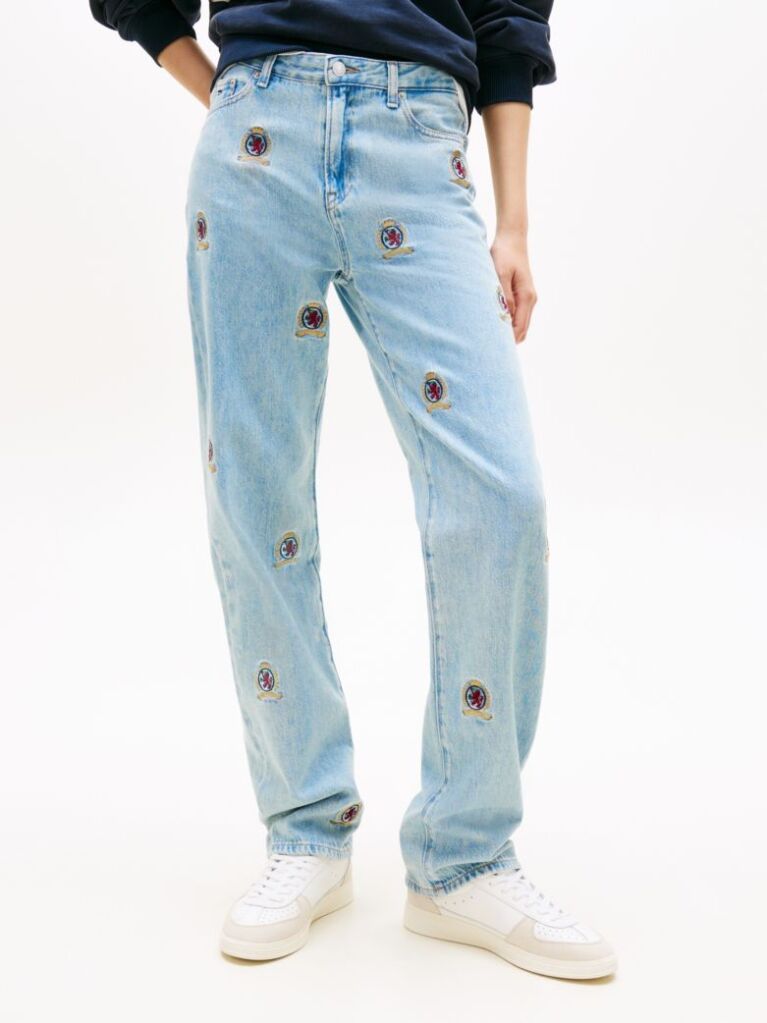 Denim Embroidery Mid Rise Slim Straight Leg Jeans  Femei