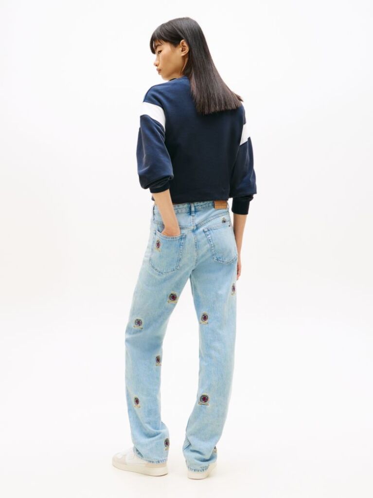 Denim Embroidery Mid Rise Slim Straight Leg Jeans  Femei