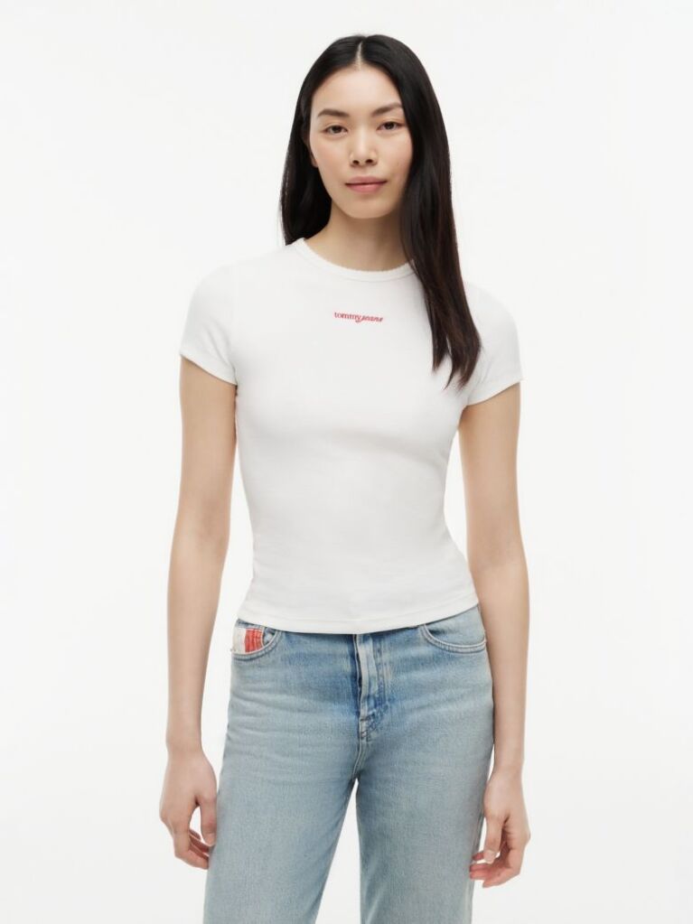 Alb Tricou Slim Cu Logo Si Dungi  Femei