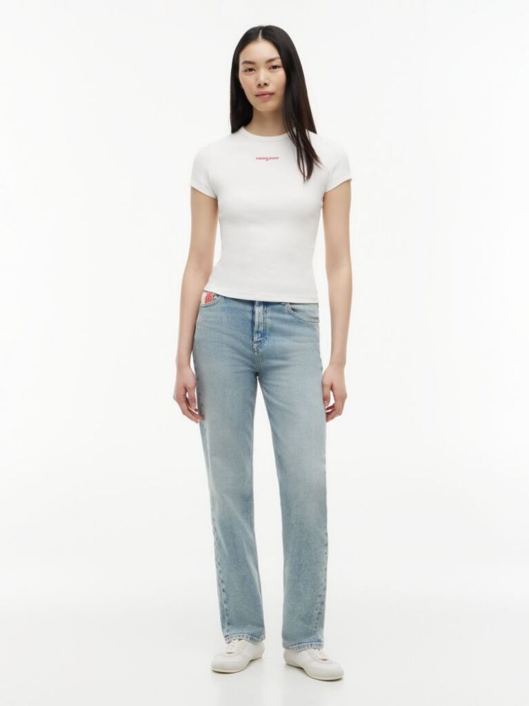 Alb Tricou Slim Cu Logo Si Dungi  Femei