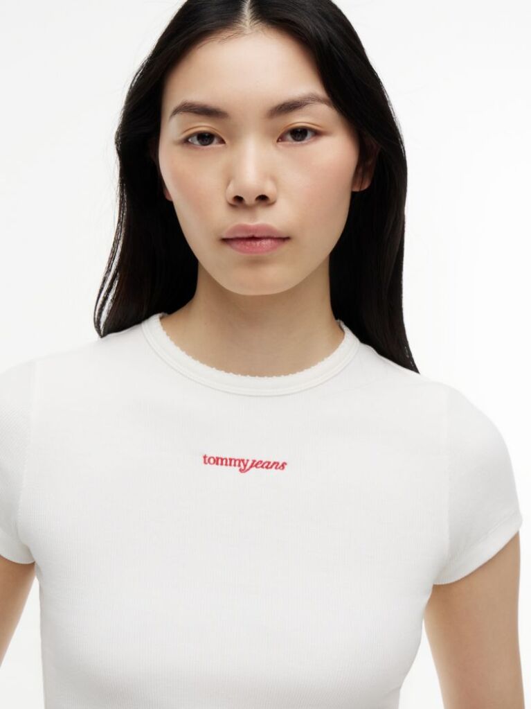 Alb Tricou Slim Cu Logo Si Dungi  Femei