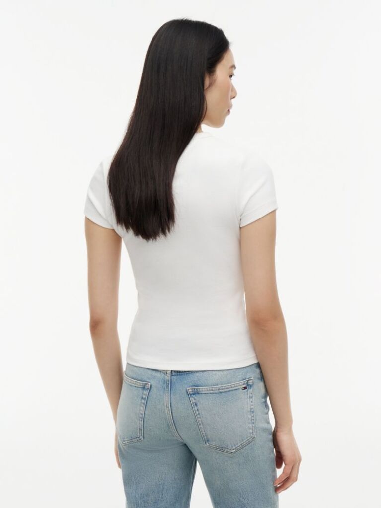 Alb Tricou Slim Cu Logo Si Dungi  Femei