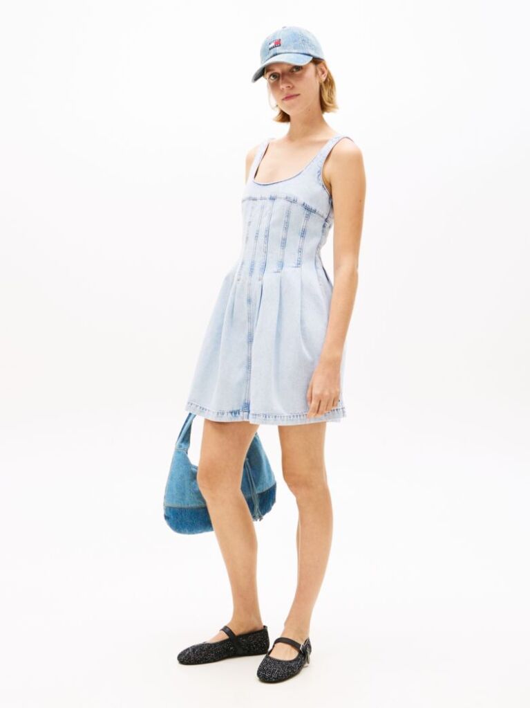 Denim Rochie Fara Maneci Din Denim Plisat Cu Detalii Cusute  Femei