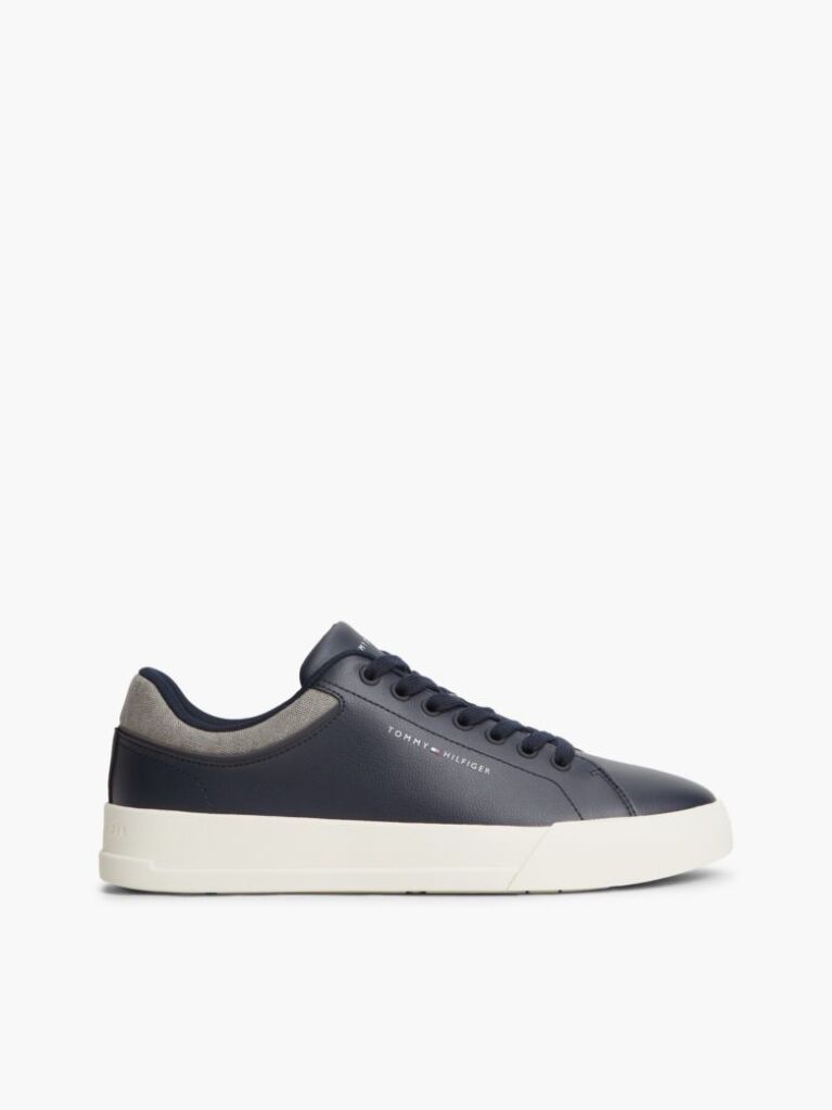 Blue Mixed Texture Court Trainers With Leather  Men