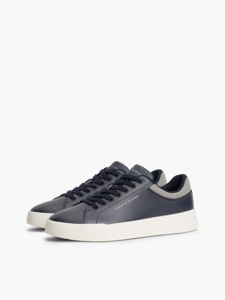 Blue Mixed Texture Court Trainers With Leather  Men