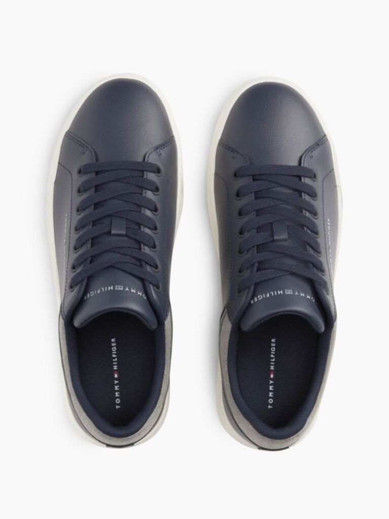 Blue Mixed Texture Court Trainers With Leather  Men