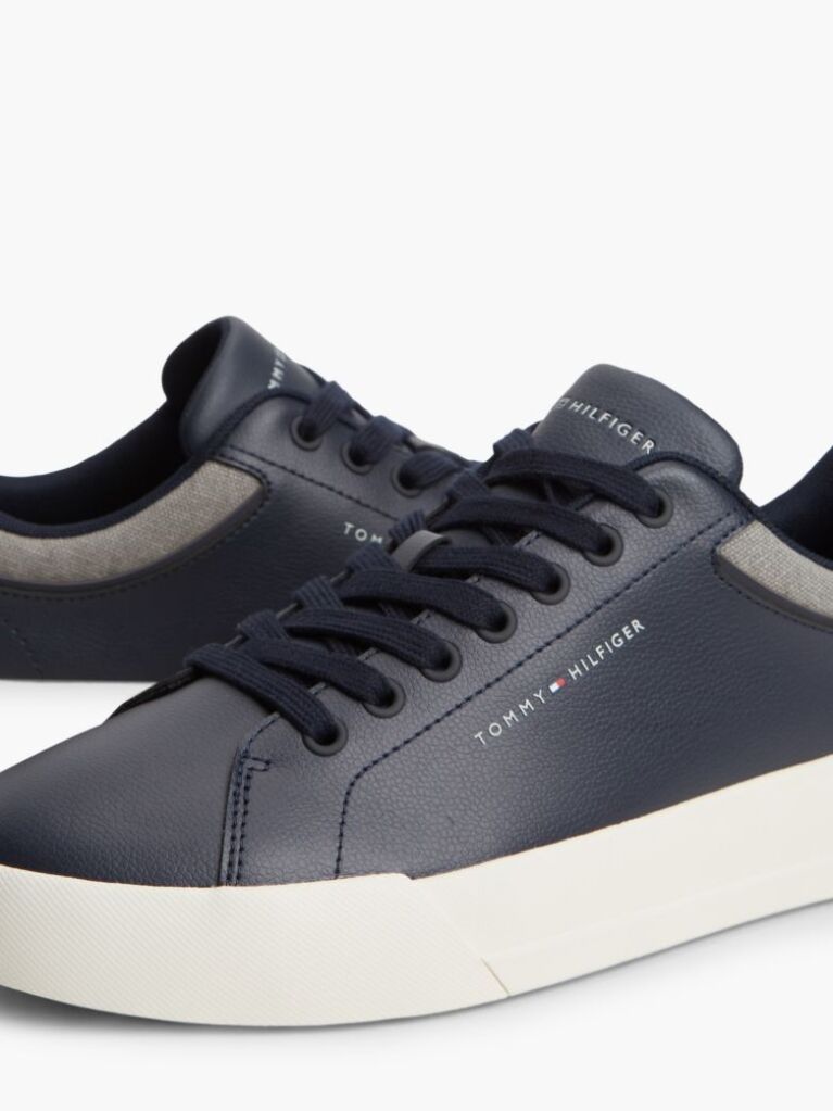 Blue Mixed Texture Court Trainers With Leather  Men