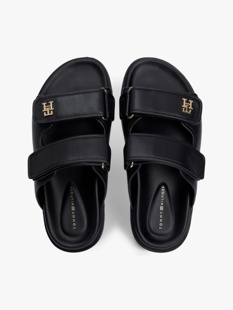 Black Leather TH Monogram Double Strap Sandals  Women